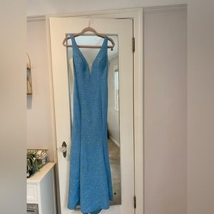 Jovani light blue sparkly prom dress, plunging neck line and V shap back